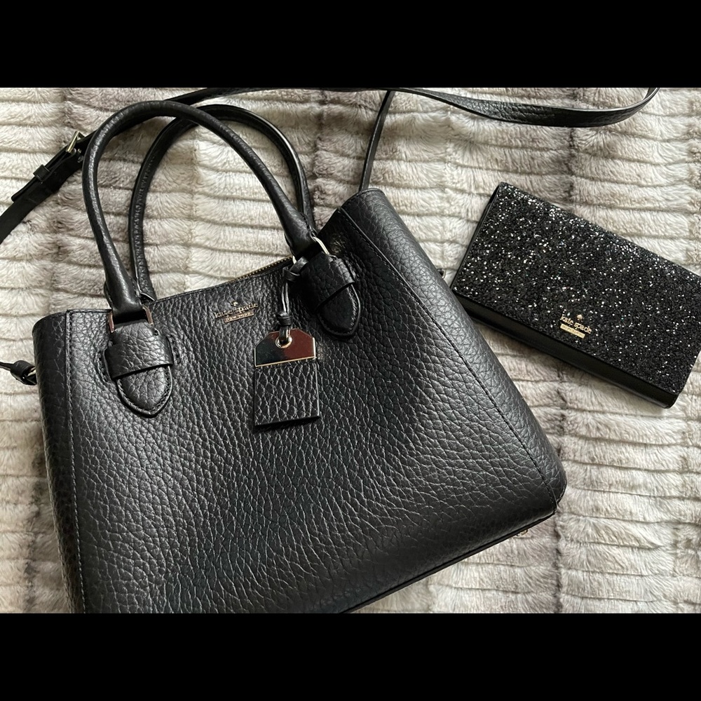 Kate Spade Genuine Leather Satchel Handbag and Leather and Glitter Wallet